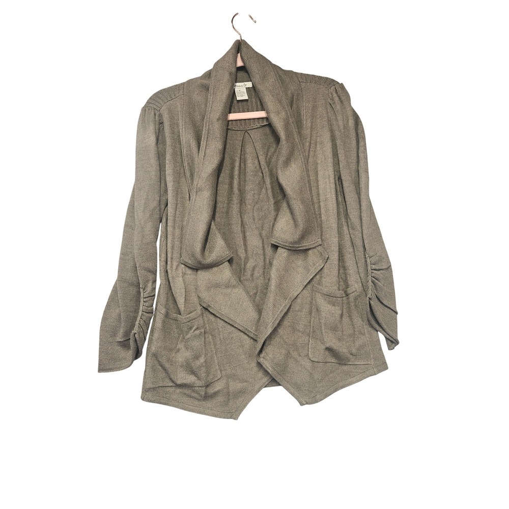 Hanna G. Womens Taupe Brown Ruched Sleeve Open Front Shawl Cardigan Size M